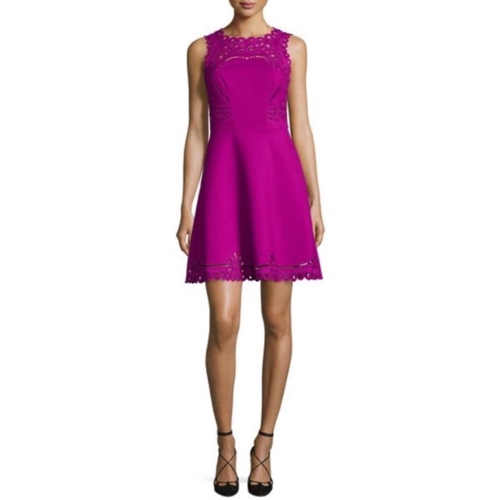Ted Baker Verony Dress Womens Size 2 Magenta Embroidered Lattice Eyelet A-Line